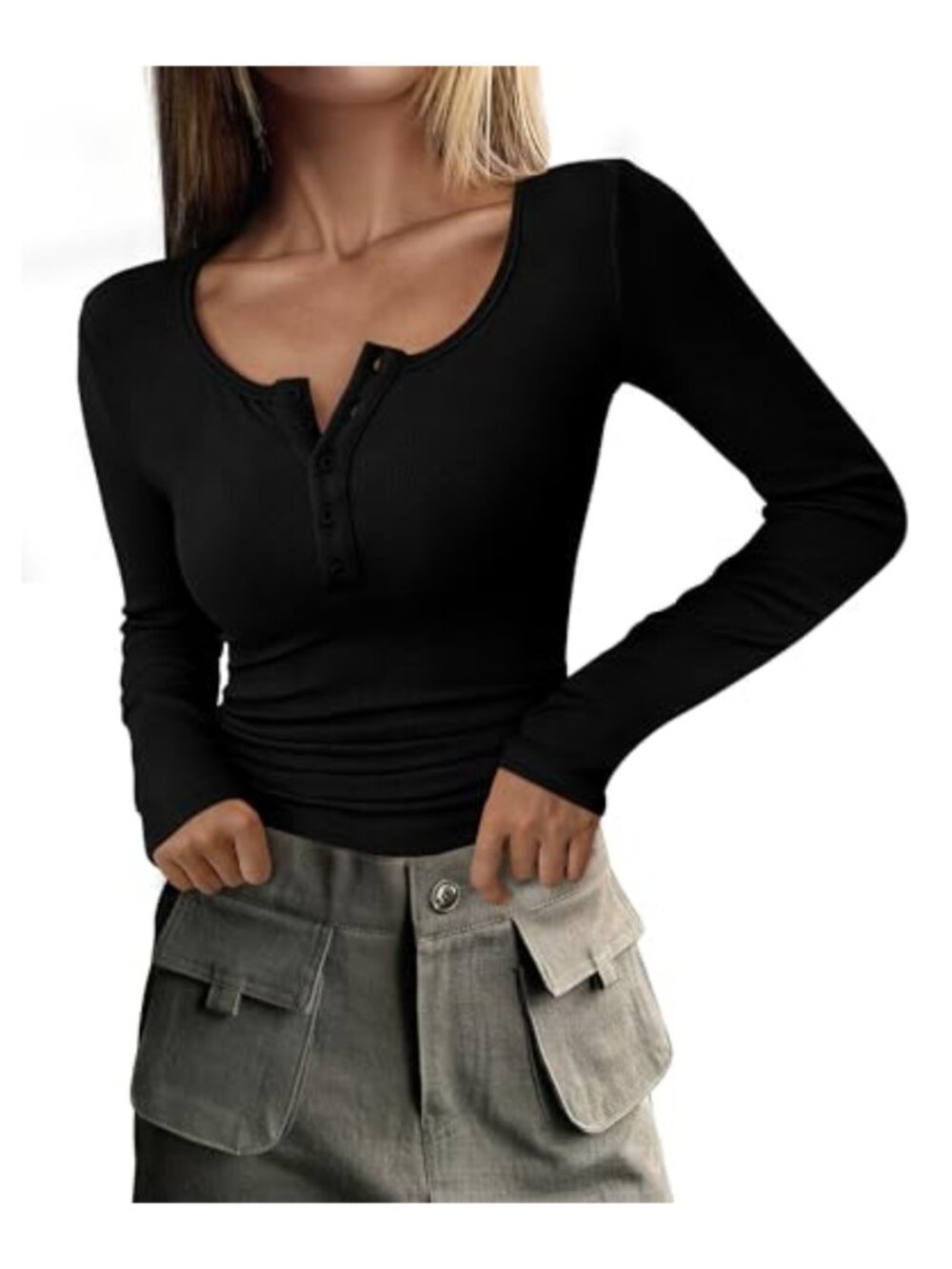 Women's Long Sleeve Henley T-Shirt Ribbed Knit Viscose Blend Top